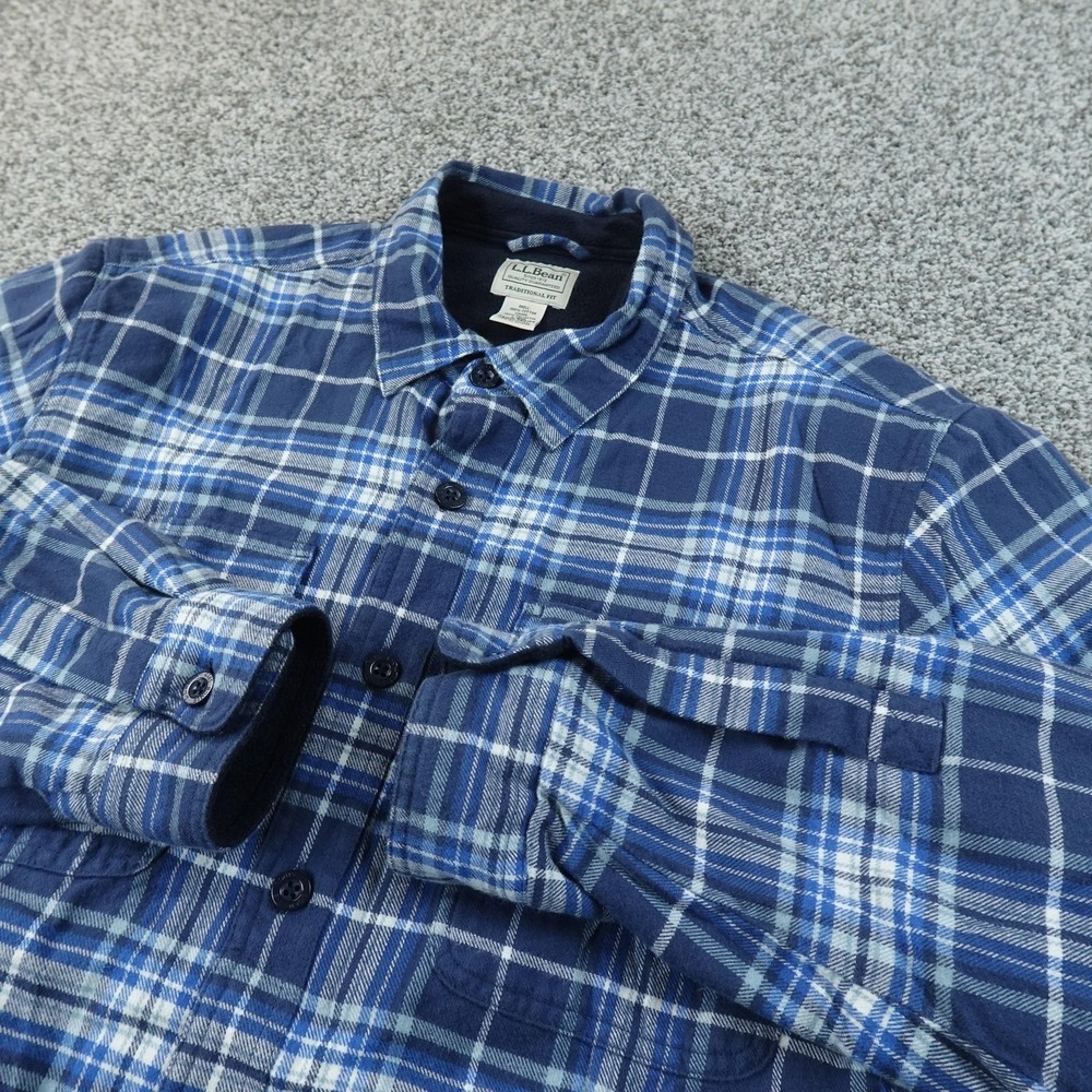 LL Bean Jacket Mens L Blue Plaid Fleece Lined Flannel Shirt Shacket Button Up